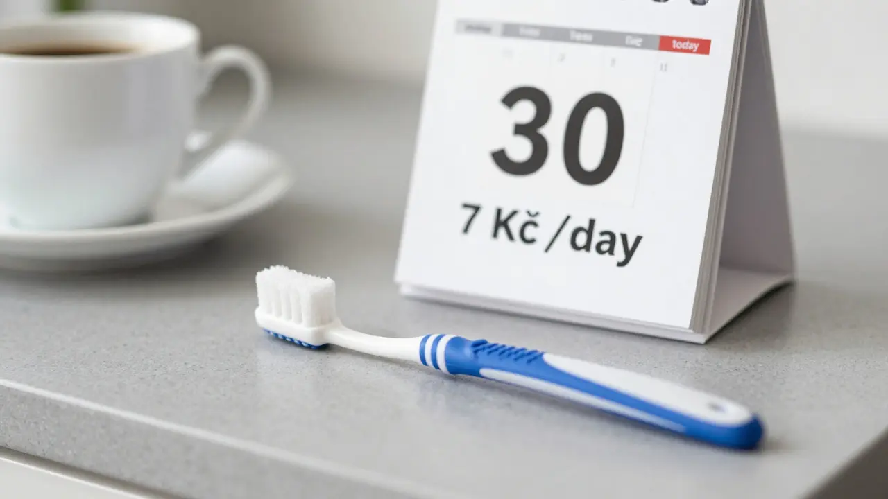 Mezizubní kartáček vedle kávy a kostky cukru s ukázkou nákladů a dlouhodobého výsledku.