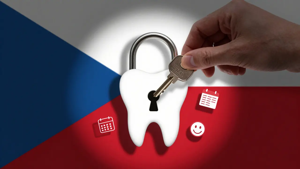 Klíč ve tvaru zubu zamyká zámek s českou vlajkou, kolem něj ikony dokumentů a času.