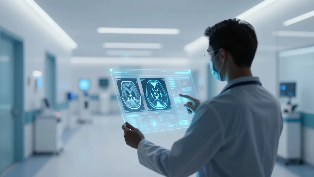 Lékař pracující s holografickými medicínskými snímky v moderní ordinaci