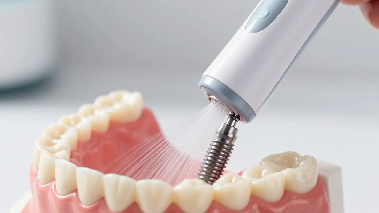 Vodní tryska čistící okolí zubního implantátu proudem vody