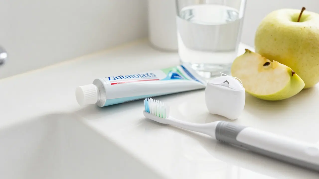 Příslušenství pro ústní hygienu: pasta, kartáček a nit