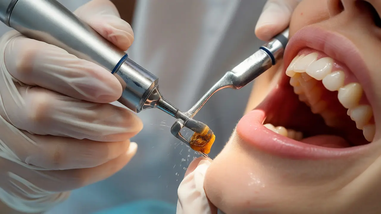 Dentální hygienistka odstraňuje kámen ultrazvukem