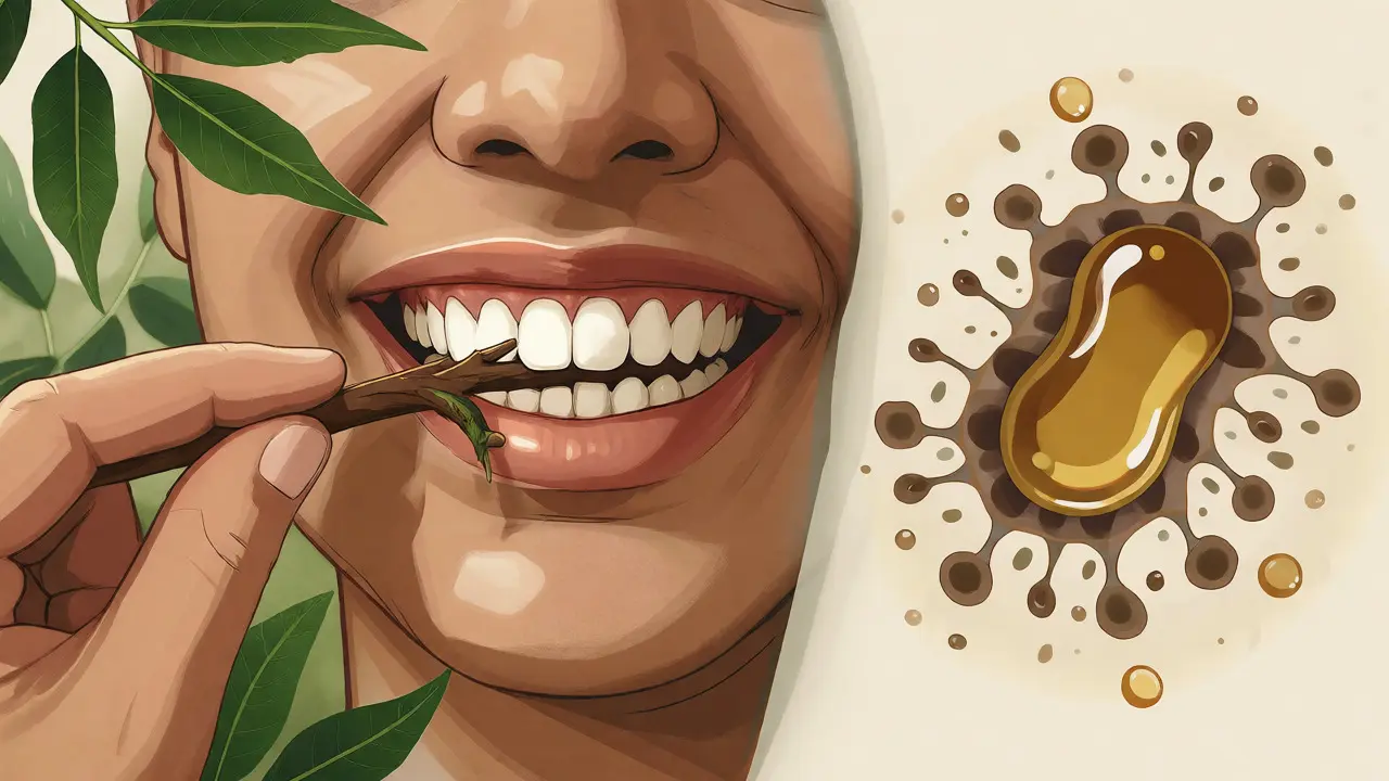 Ilustrace čištění zubů větvičkou neem a účinku oleje na bakterie v přírodních tónech.