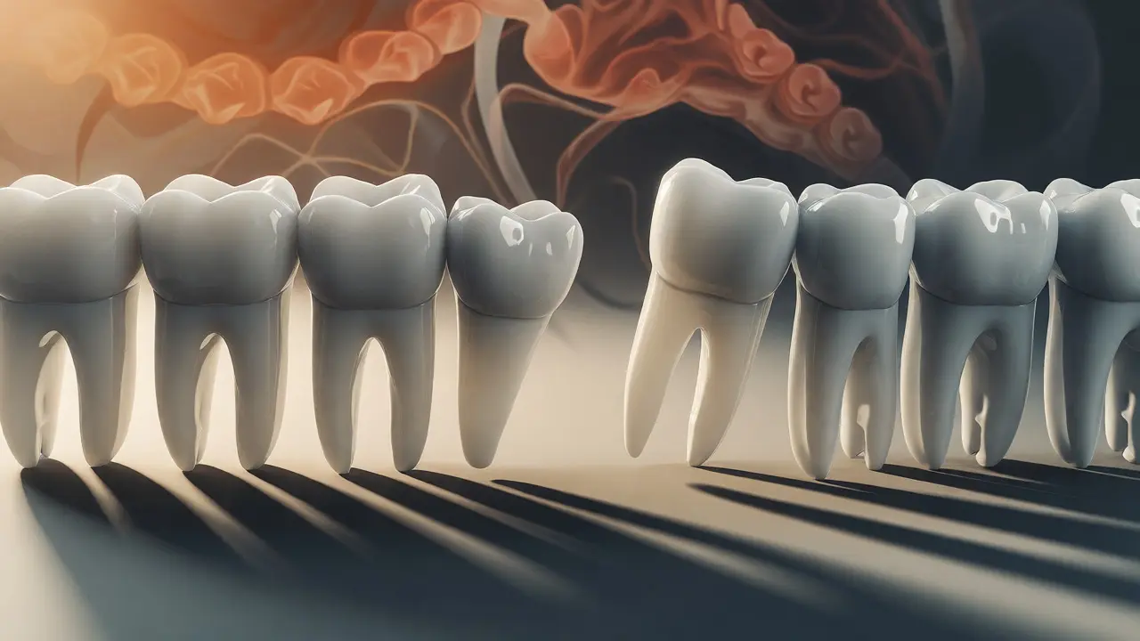 Konceptuální ilustrace naklánějících se zubů po ztrátě jednoho kusu
