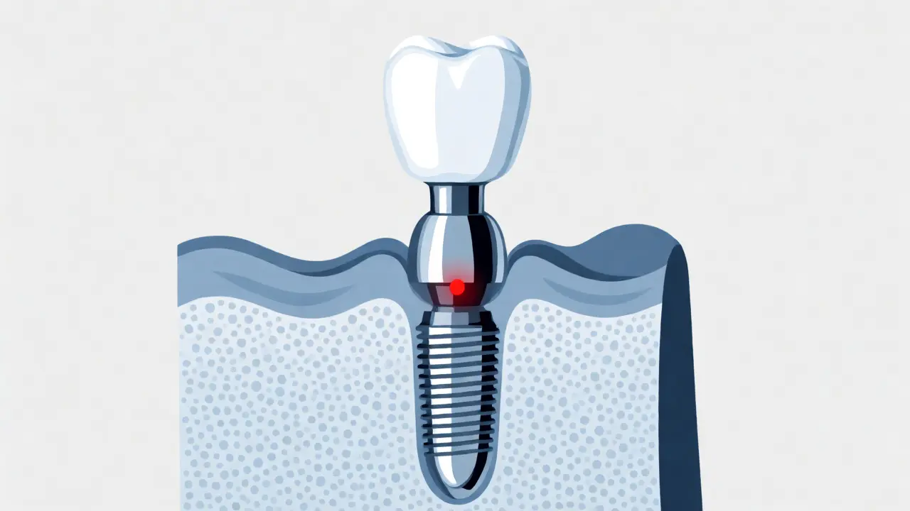 Schéma zubního implantátu s vyznačeným šroubem a mechanickými díly