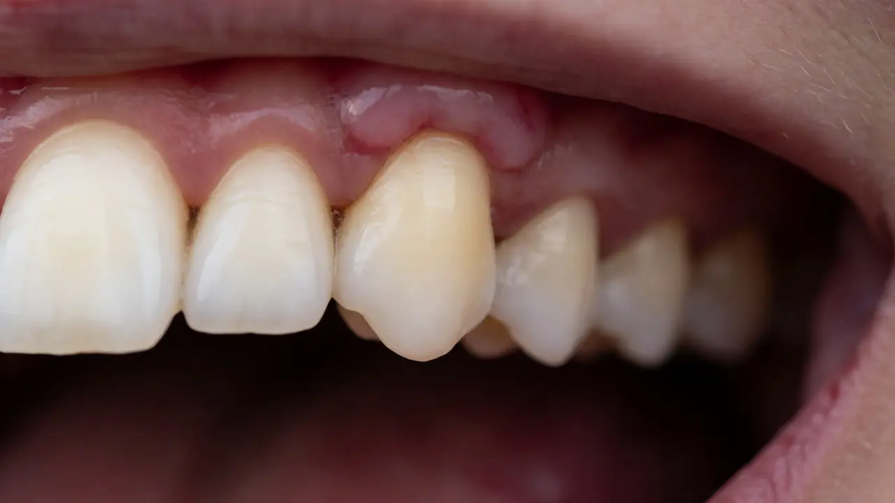 Zánět dásní kolem zubního implantátu naznačující riziko periimplantitidy