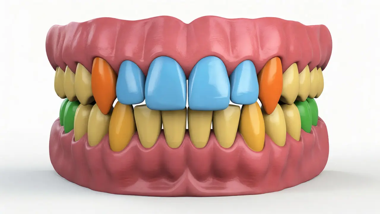 3D anatomický model chrupu rozlišený podle typu zubů