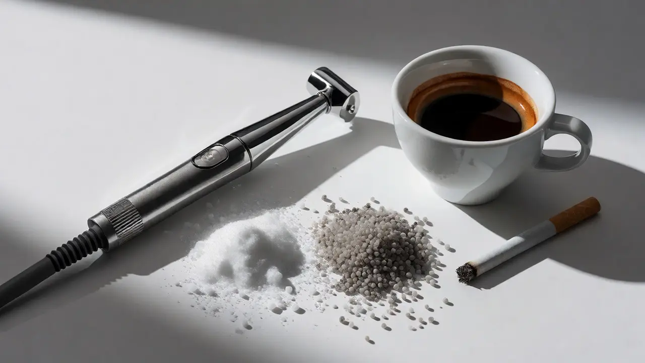 Air-flow nástroj s práškem vedle kávy a cigarety