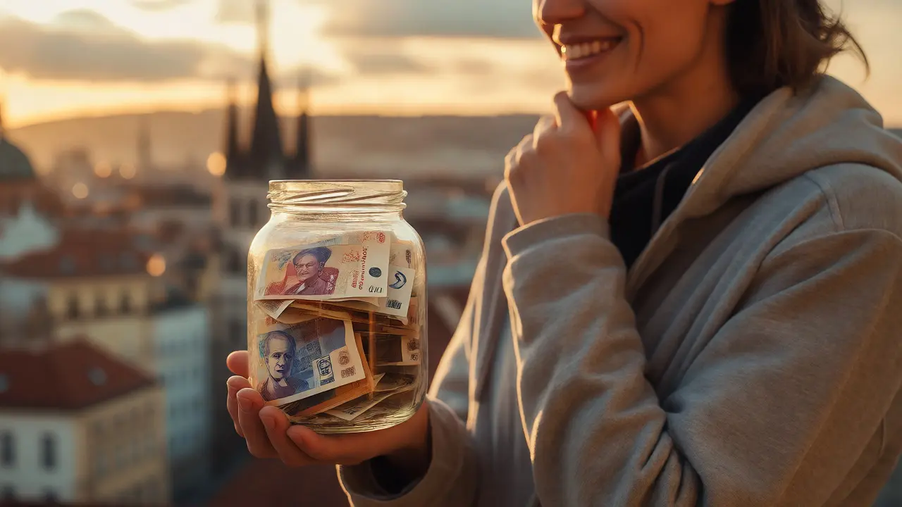 Člověk drží koruny a usmívá se před panoramatem Prahy
