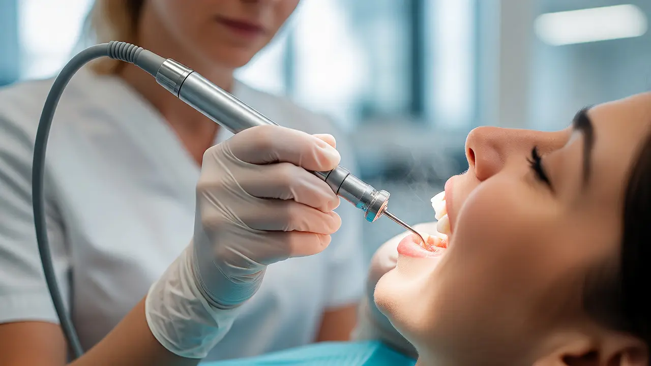 Dentální hygienistka odstraňuje zubní kámen ultrazvukovým přístrojem