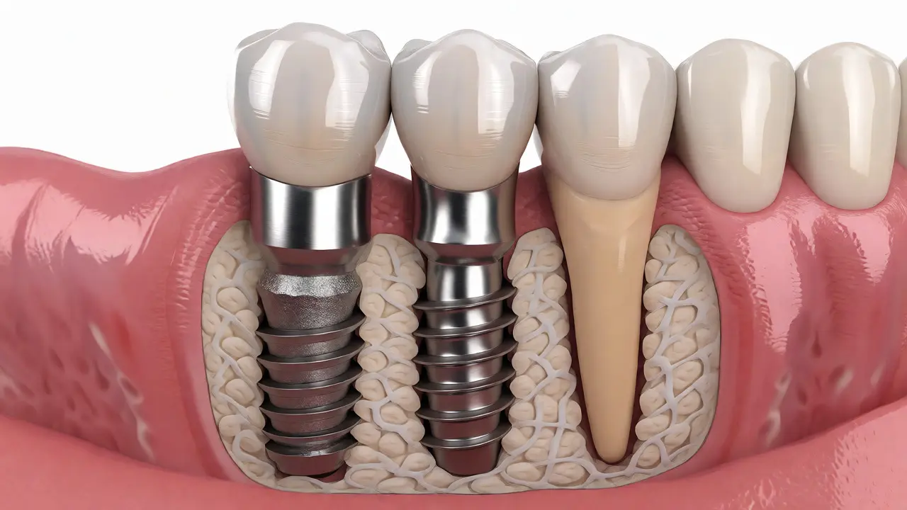 Detailní řez zubním implantátem ukazuje titanový šroub v kosti a korunku.