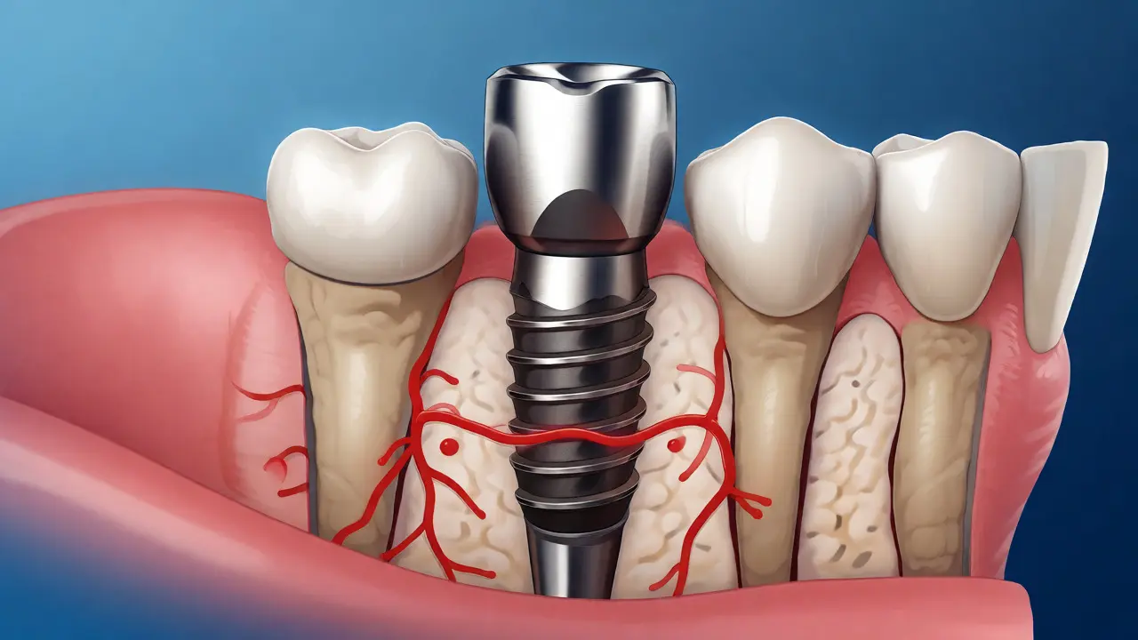 Ilustrace zubního implantátu integrovaného do čelistní kosti během hojení.