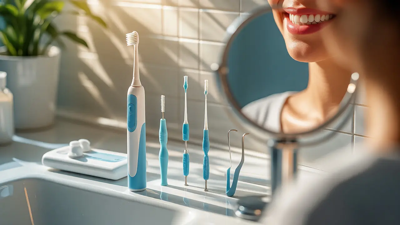 Nabídka nástrojů pro ústní hygienu včetně mezizubních kartáčků