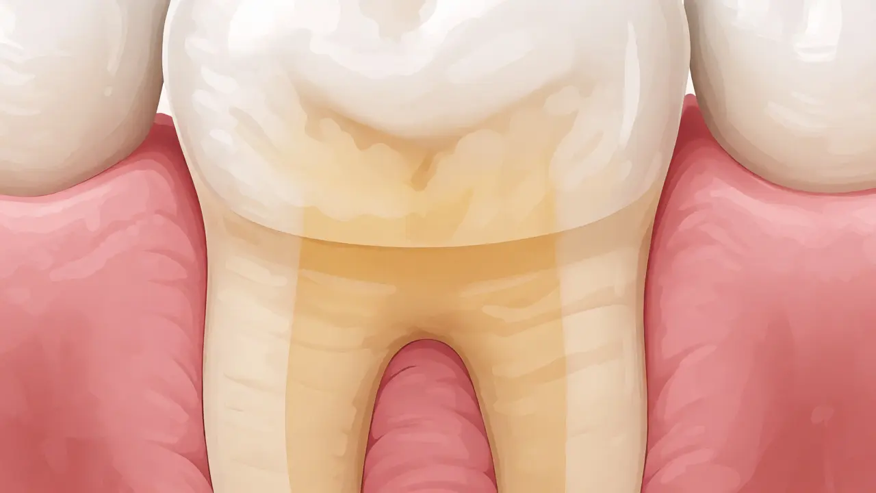 Průřez zubem ukazující sklovinu a žlutavý dentin pod ní