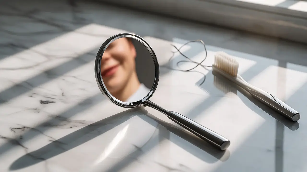 Stříbrné dentální zrcátko ležící na mramorové desce vedle kartáčku na zuby.