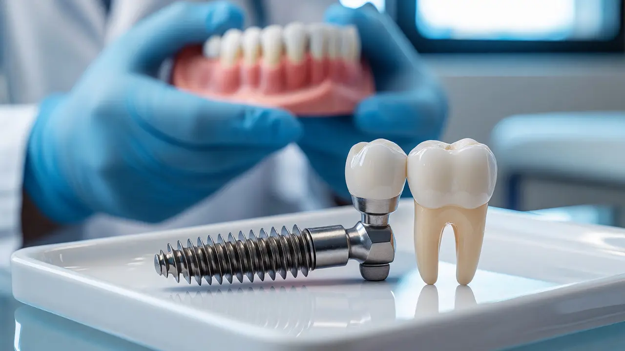 Titanový zubní implantát a keramická korunka na sterilním podnosu.
