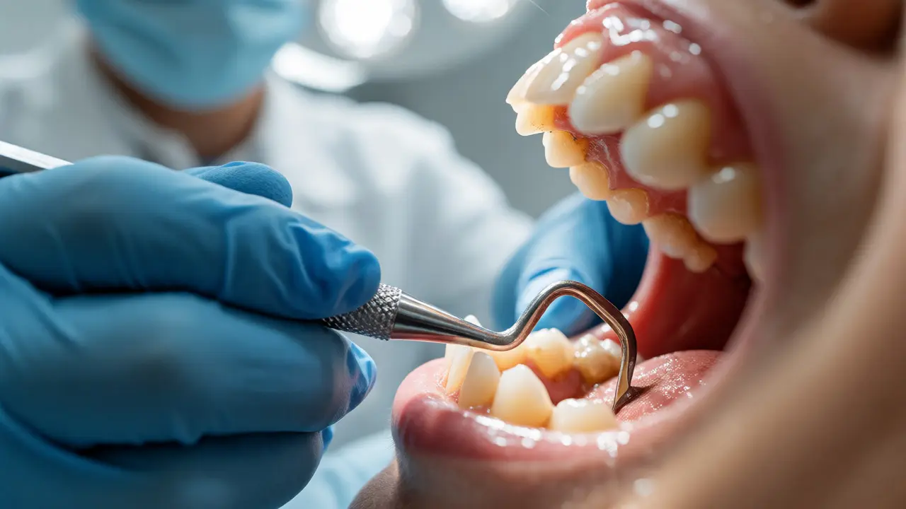 Zubní hygienistka odstraňuje kámen ručním nástrojem pod dásní